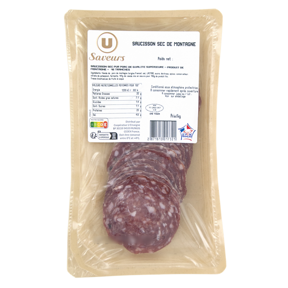 U SAVEURS Saucisson sec de montagne VPF, 16 tranches, 100 g environ