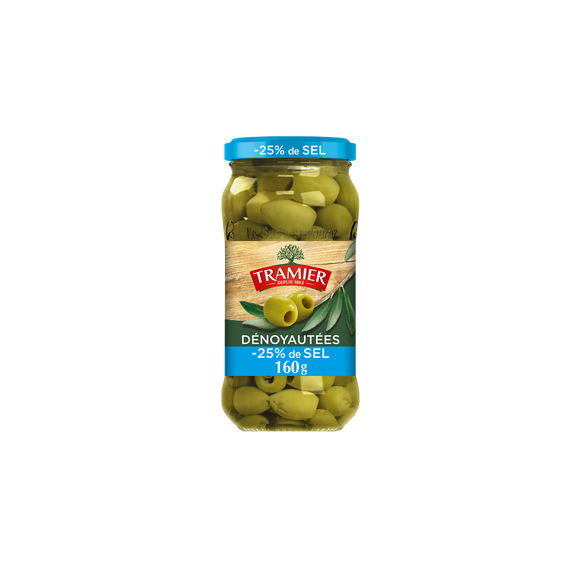 Olives Vertes Dénoyautées - 25% de sel TRAMIER - bocal 160g
