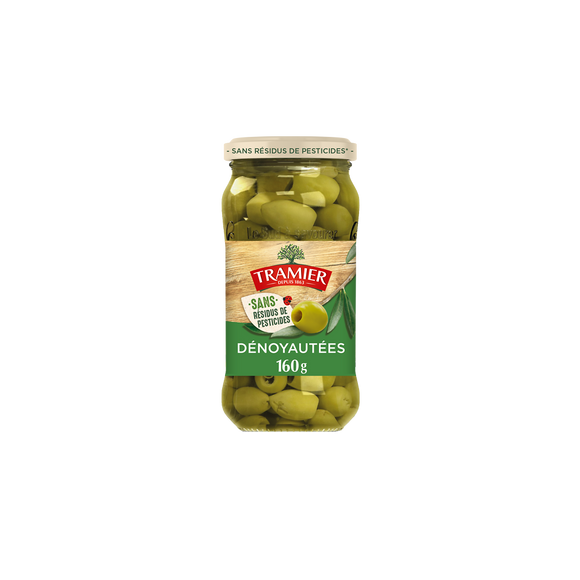 Olives Vertes Dénoyautées Sans Résidus de Pesticides TRAMIER, bocal 160g - Espagne -