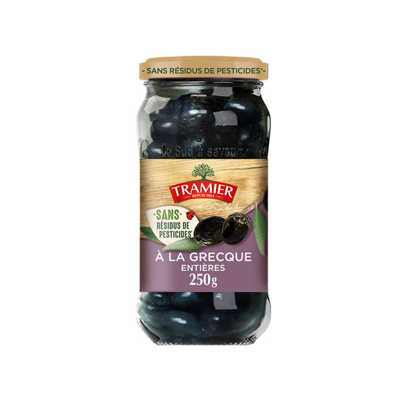 Olives Noires à la Greque Entières Sans Résidus de Pesticides TRAMIER- bocal 250g