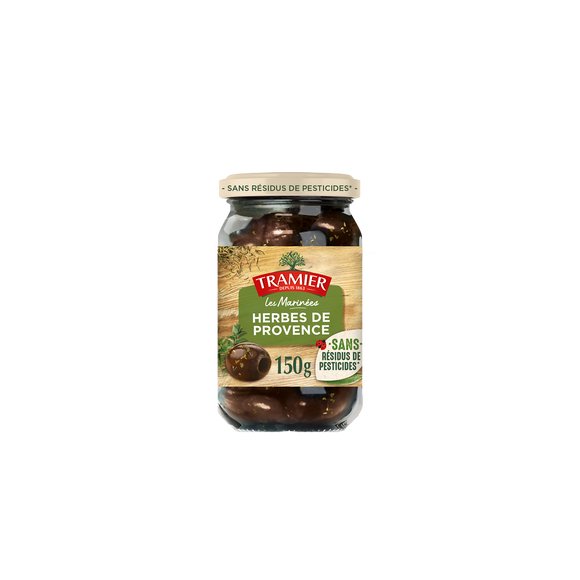 Olives Noires Confites Marinées aux Herbes de Provence Sans Résidus dePesticides TRAMIER - Bocal 150g