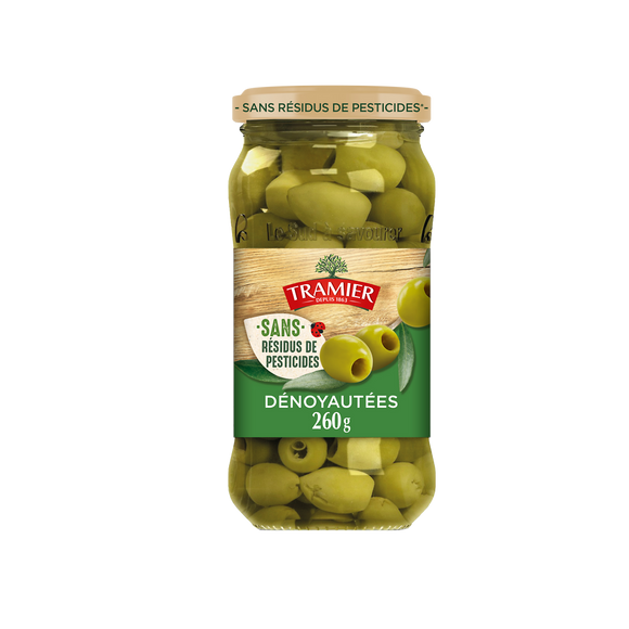 Olives Vertes Dénoyautées Sans Résidus de Pesticides TRAMIER - sachet260g