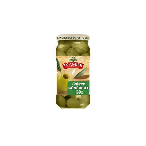 Olives vertes dénoyautées calibre généreux zéro résidus de pesticidesTRAMIER 160g