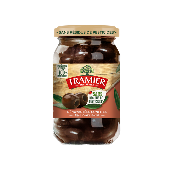 Olives Noires Confites Dénoyautées 150g 100% naturelle sans résidus depesticides TRAMIER 150g