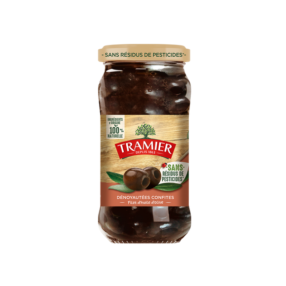 Olives Noires Confites Dénoyautées 250g 100% Naturelle sans résidus depesticides TRAMIER 250g
