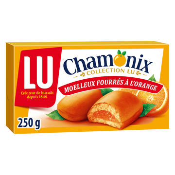 Biscuits fourrés à l'orange Chamonix LU, paquet de 250g