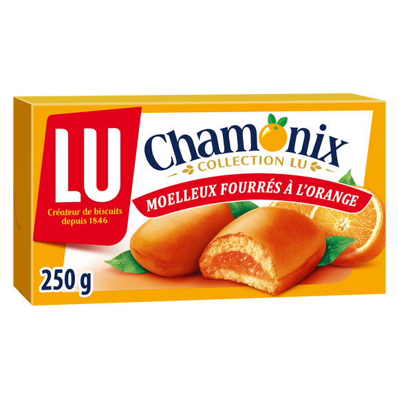 Biscuits fourrés à l'orange Chamonix LU, paquet de 250g