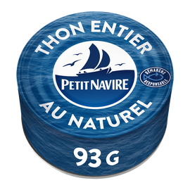 Thon albacore au naturel démarche responsable PETIT NAVIRE, boite de 93g poids net égoutté