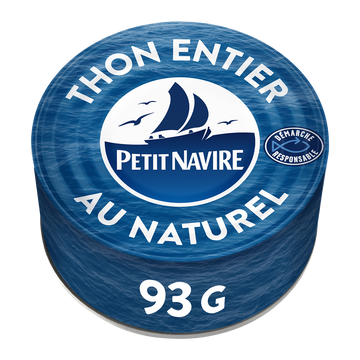 Thon albacore au naturel démarche responsable PETIT NAVIRE, boite de 93g poids net égoutté