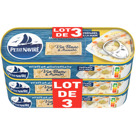 Filets de Maquereaux Vin blanc aromates sans arôme ajouté PETIT NAVIRE, 3x175g