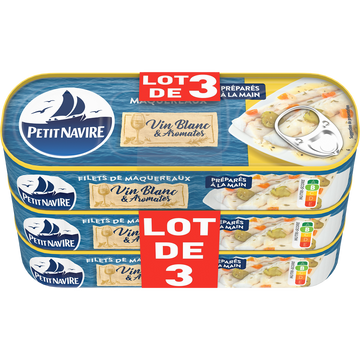 Filets de Maquereaux Vin blanc aromates sans arôme ajouté PETIT NAVIRE, 3x175g