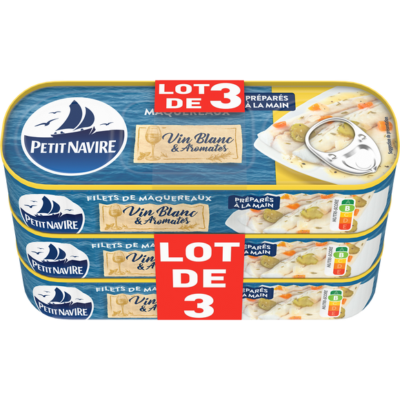 Filets de Maquereaux Vin blanc aromates sans arôme ajouté PETIT NAVIRE, 3x175g