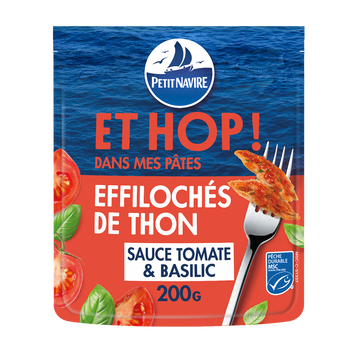 Éffilochés de thon Sauce Tomate & Basilic msc et hop dans mes pâtes PETIT NAVIRE 200g