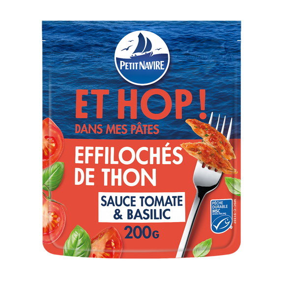 Éffilochés de thon Sauce Tomate & Basilic msc et hop dans mes pâtes PETIT NAVIRE 200g