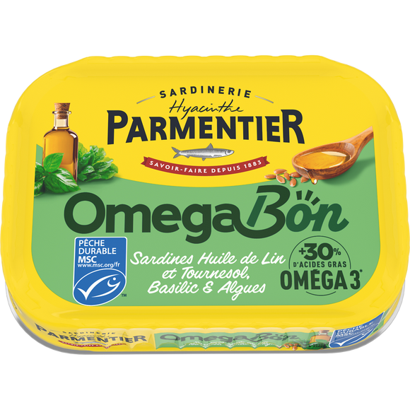Sardines entières aux huiles de Lin et Tournesol et basilic + algues PETIT NAVIRE 135g