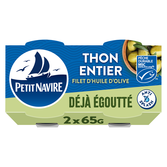Thon Entier avec un filet d'huile d'olive Déjà égoutté PETIT NAVIRE2x65g