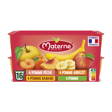 Dessert fruitier Coupelles Pomme, Pomme Banane, Pomme Pêche, Pomme Abricot MATERNE, 16x100g