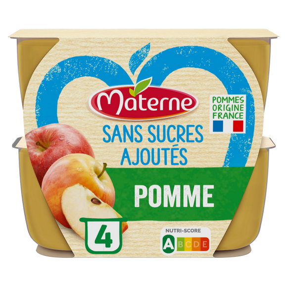 Compotes Coupelles Sans Sucres Ajoutés Pomme MATERNE, 4x100g