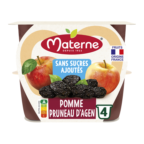 Compotes Coupelles Sans Sucres Ajoutés Pomme Pruneau MATERNE, 4x100g