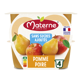 Compotes Coupelles Sans Sucres Ajoutés Pomme Poire MATERNE, 4x100g