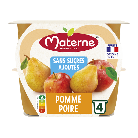 Compotes Coupelles Sans Sucres Ajoutés Pomme Poire MATERNE, 4x100g
