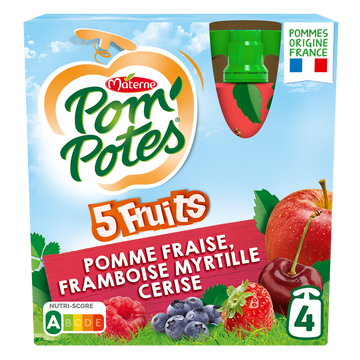 Compotes Gourdes 5 Fruits Rouges Pomme Cerise Fraise Framboise Myrtille POM'POTES, 4x90g