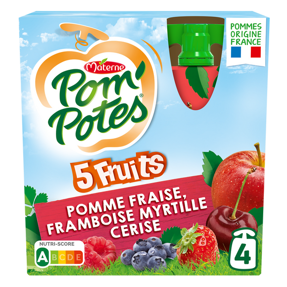Compotes Gourdes 5 Fruits Rouges Pomme Cerise Fraise Framboise Myrtille POM'POTES, 4x90g