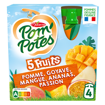 Compotes Gourdes 5 Fruits Exotiques Pomme Mangue Ananas Goyave PassionPOM'POTES, 4x90g
