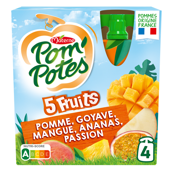 Compotes Gourdes 5 Fruits Exotiques Pomme Mangue Ananas Goyave PassionPOM'POTES, 4x90g