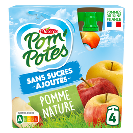 Compotes Gourdes Sans Sucres Ajoutés Pomme Nature POM'POTES, 4x90g