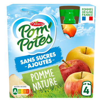 Compotes Gourdes Sans Sucres Ajoutés Pomme Nature POM'POTES, 4x90g