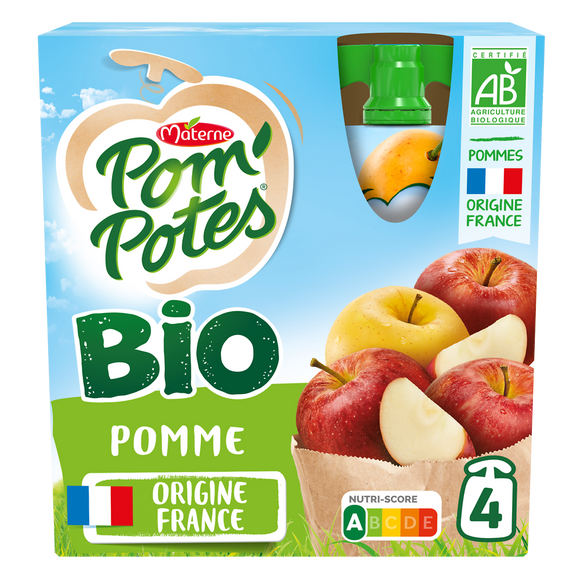 Compotes Gourdes BIO Pomme Nature POM'POTES, 4x90g