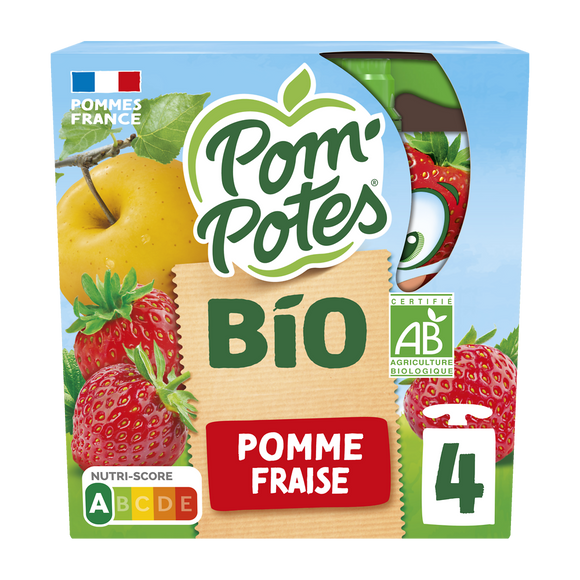 Dessert fruitier Gourdes BIO Pomme Fraise POM'POTES, 4x90g