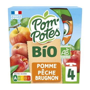 Dessert fruitier Gourdes BIO Pomme Pêche Brugnon POM'POTES, 4x90g