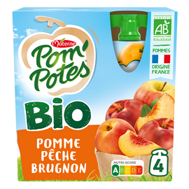 Compotes Gourdes BIO Pomme Pêche Brugnon POM'POTES, 4x90g