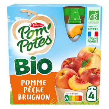 Compotes Gourdes BIO Pomme Pêche Brugnon POM'POTES, 4x90g