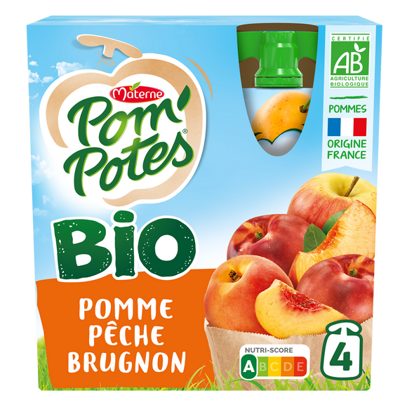 Compotes Gourdes BIO Pomme Pêche Brugnon POM'POTES, 4x90g