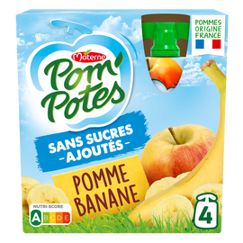 Compotes Gourdes Sans Sucres Ajoutés Pomme Banane POM'POTES, 4x90g