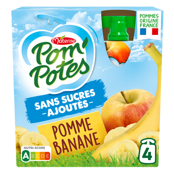 Compotes Gourdes Sans Sucres Ajoutés Pomme Banane POM'POTES, 4x90g