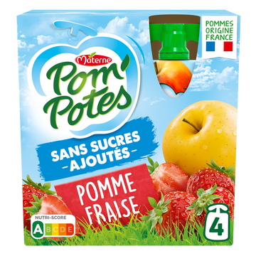 Compotes Gourdes Sans Sucres Ajoutés Pomme Fraise POM'POTES, 4x90g