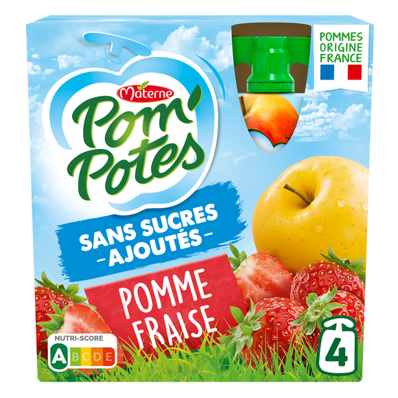 Compotes Gourdes Sans Sucres Ajoutés Pomme Fraise POM'POTES, 4x90g