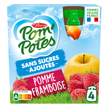 Compotes Gourdes Sans Sucres Ajoutés Pomme Framboise POM'POTES, 4x90g