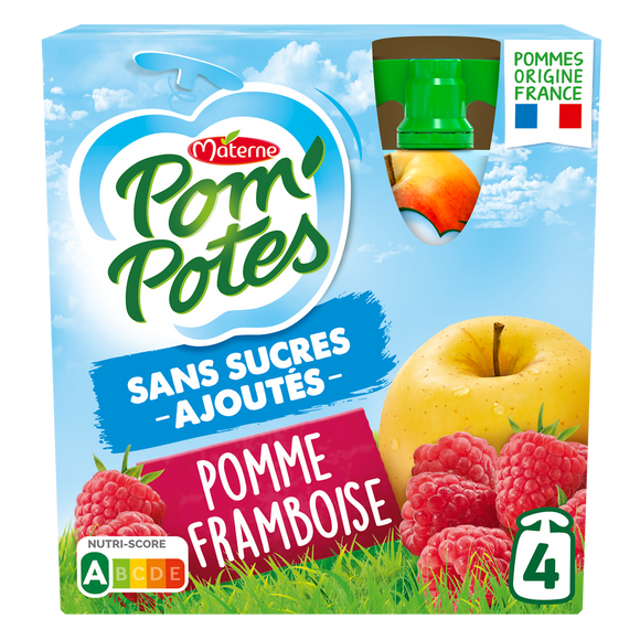 Compotes Gourdes Sans Sucres Ajoutés Pomme Framboise POM'POTES, 4x90g