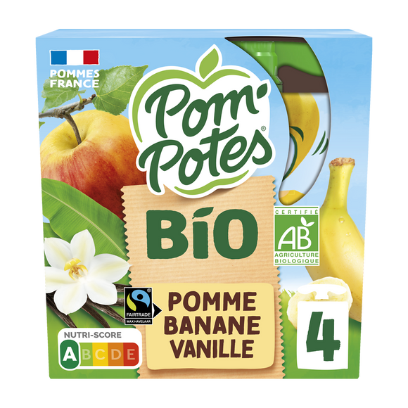 Dessert fruitier Gourdes BIO Pomme Banane Vanille POM'POTES, 4x90g