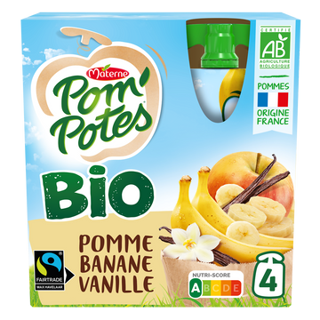 Compotes Gourdes BIO Pomme Banane Vanille POM'POTES, 4x90g