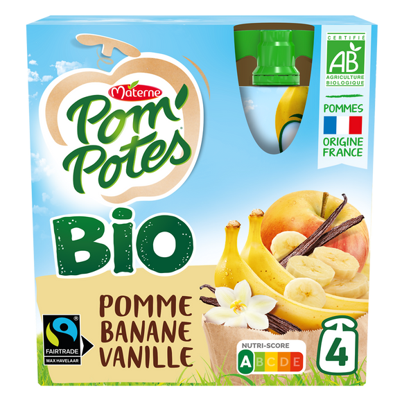 Compotes Gourdes BIO Pomme Banane Vanille POM'POTES, 4x90g