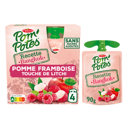 Compotes Gourdes Recettes du Monde Bangkok Pomme Framboise touche de Litchi POM'POTES, 4x90g