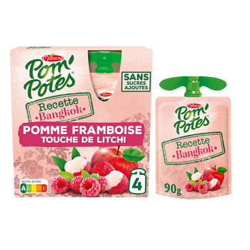 Compotes Gourdes Recettes du Monde Bangkok Pomme Framboise touche de Litchi POM'POTES, 4x90g