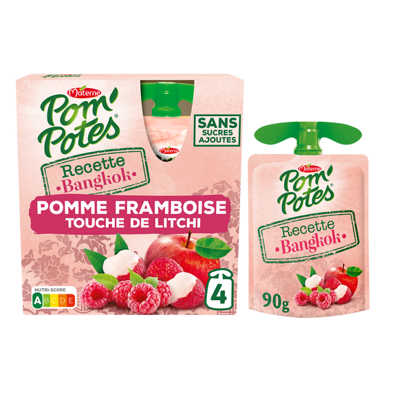 Compotes Gourdes Recettes du Monde Bangkok Pomme Framboise touche de Litchi POM'POTES, 4x90g