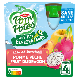 Compotes Gourdes Les P'tits Explorateurs Les Samourais Pomme Pêche Fruit du Dragon POM'POTES, 4x90g